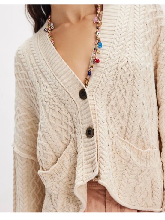 Free People Washed Ashore Cardi Large Knit Tea Beige Cream Oatmeal sz xs - Picture 4 of 10
